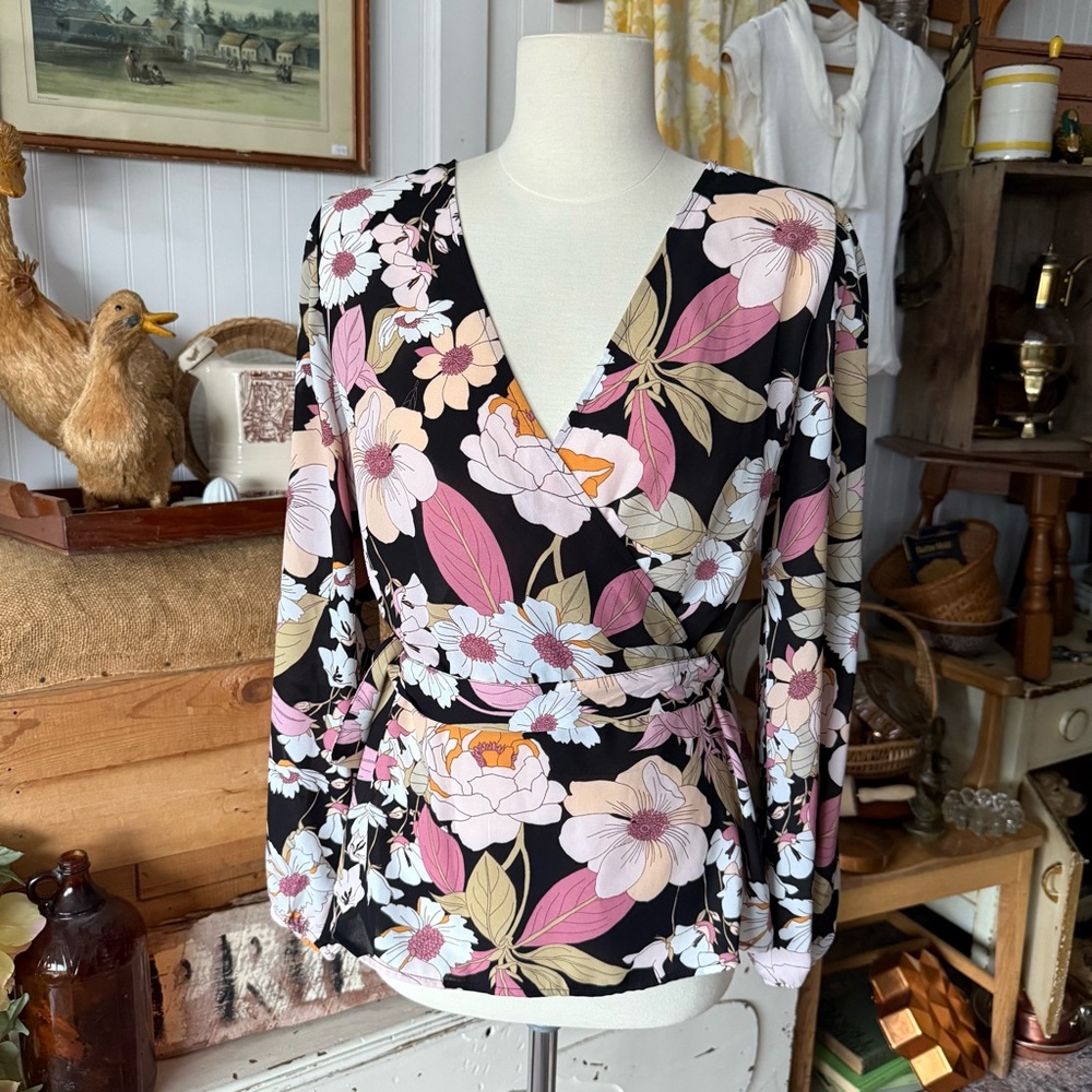 Pleione Black Floral Wrap Blouse with Pink $ Cream Blooms